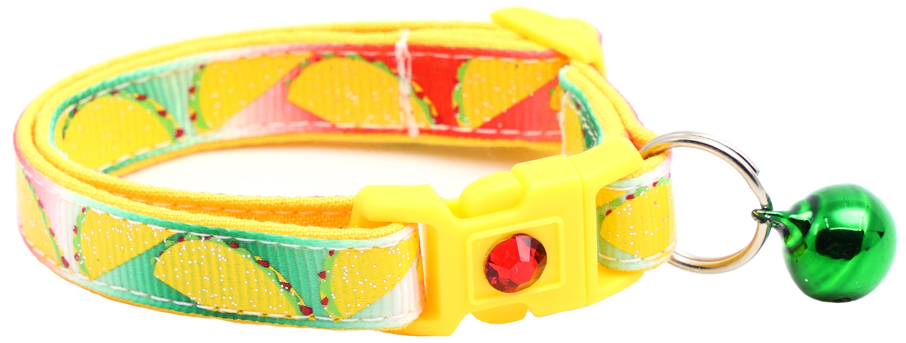 Handmade Taco Breakaway Cat Collar in reinforced cotton with breakaway clips and customizable features.